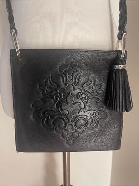 Brighton Black Embossed Leather Crossbody with Tassel